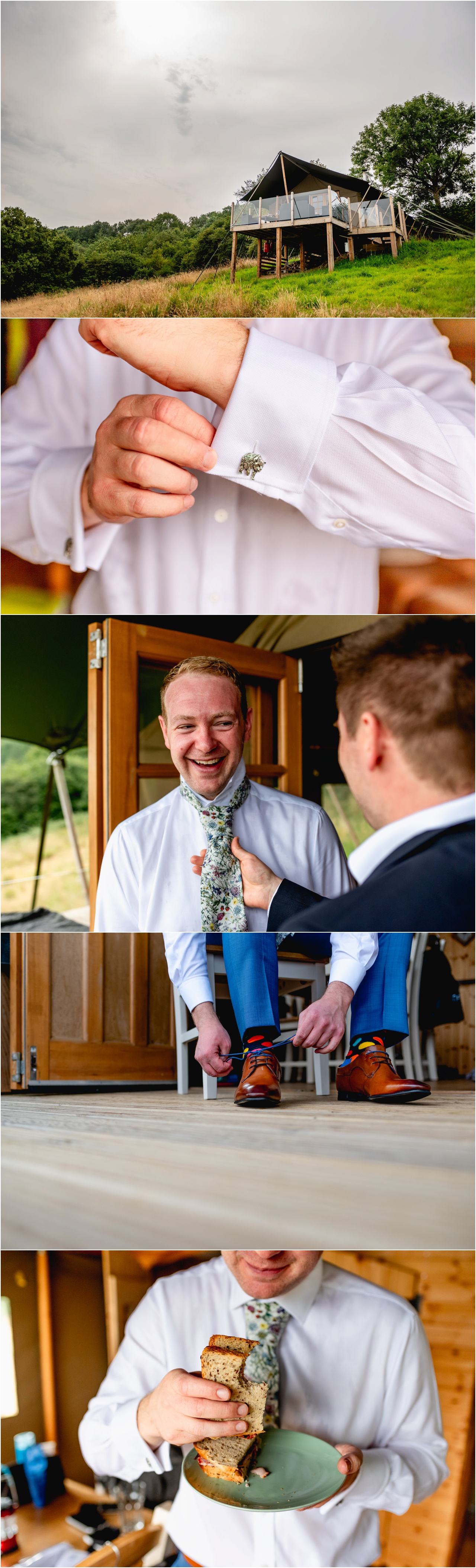 Groom gets ready ahead of his wedding in an army tent in a field with his groomsmen