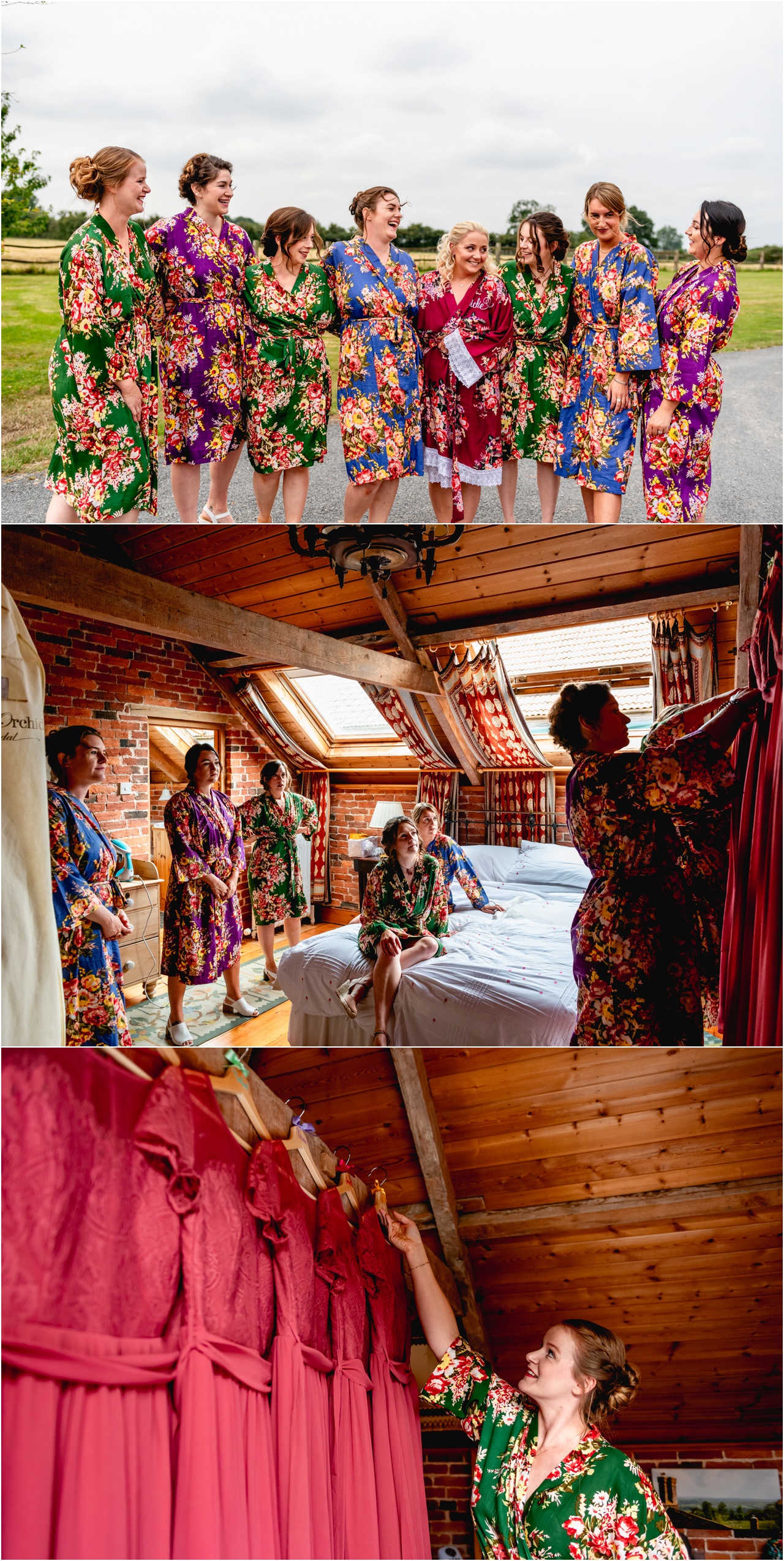 Bridesmaids get ready for a wedding wearing floral dressing gowns as they prepare the room for the brides arrival