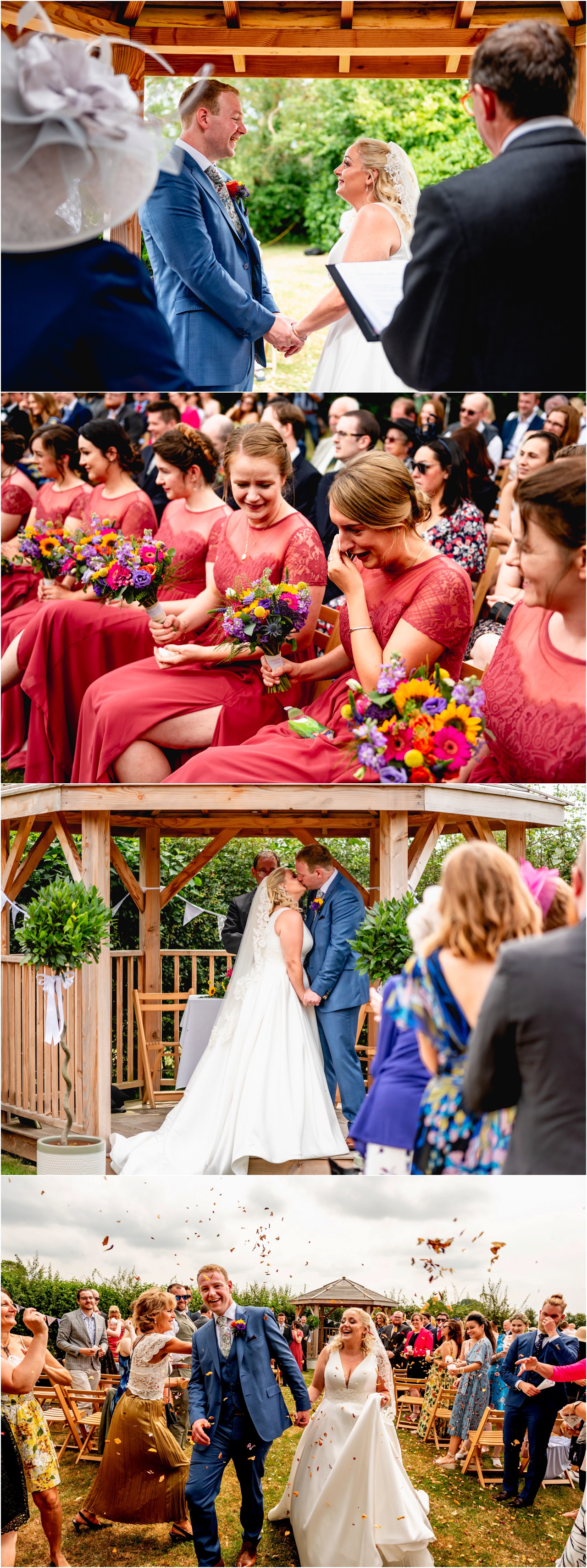 Bridesmaids cry during a festival wedding in Glastonbury as the bride and groom kiss