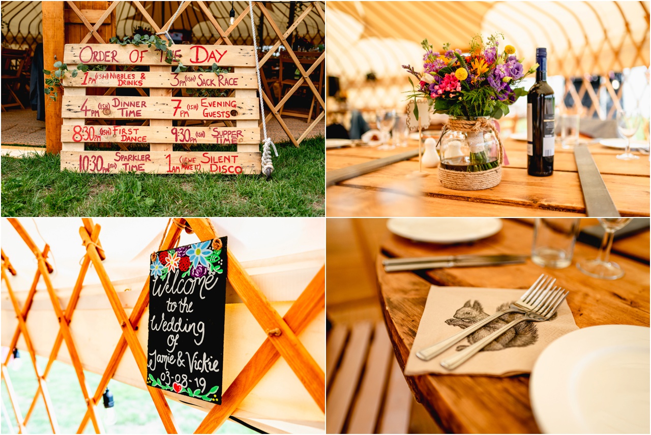 Detail photos from a festival wedding in Glastonbury set in a bell tent, table layouts and signage