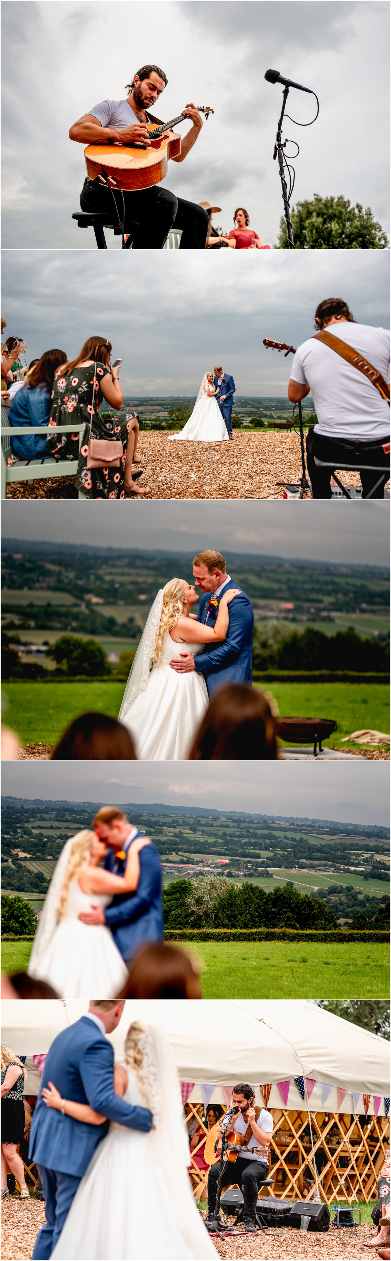 Couple have their first dance outside in a field as a band plays and guests sit on hay bales