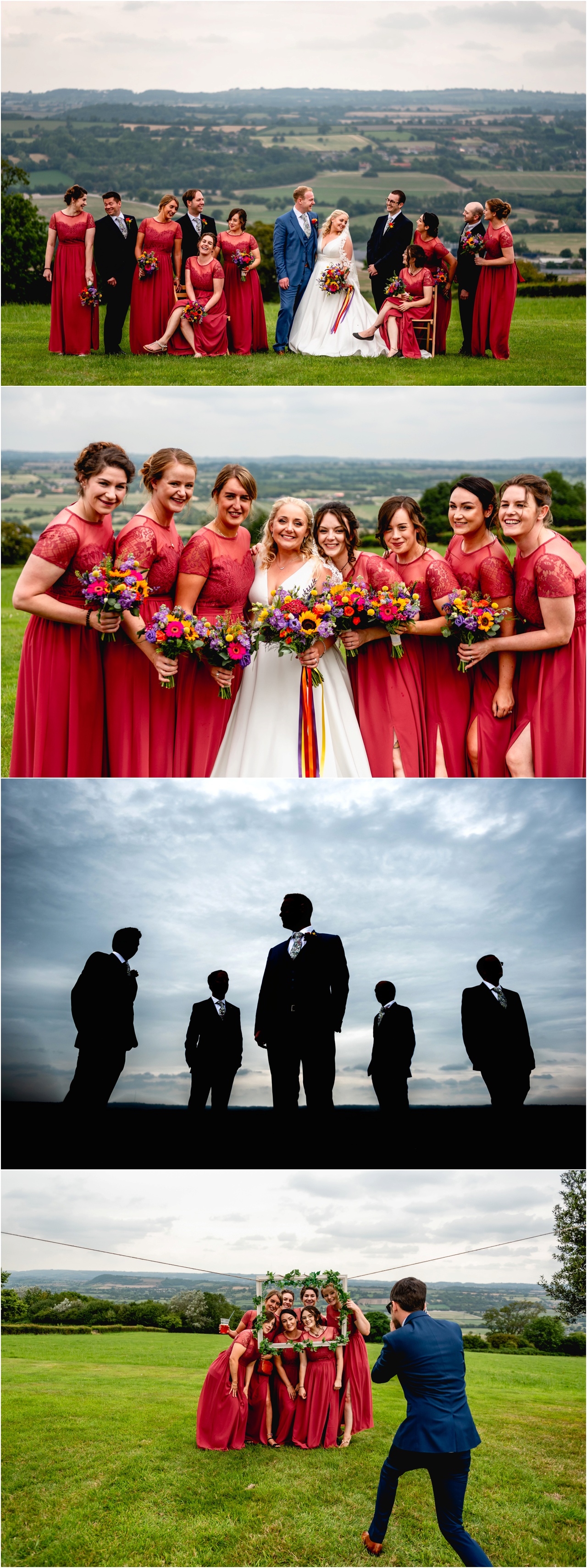 Bridal party photos - bridesmaids in red dresses holding colourful bouquets stand together with the bride and groomsmen are shot from below looking up to silhouetted men showing white shirt collars and colourful ties