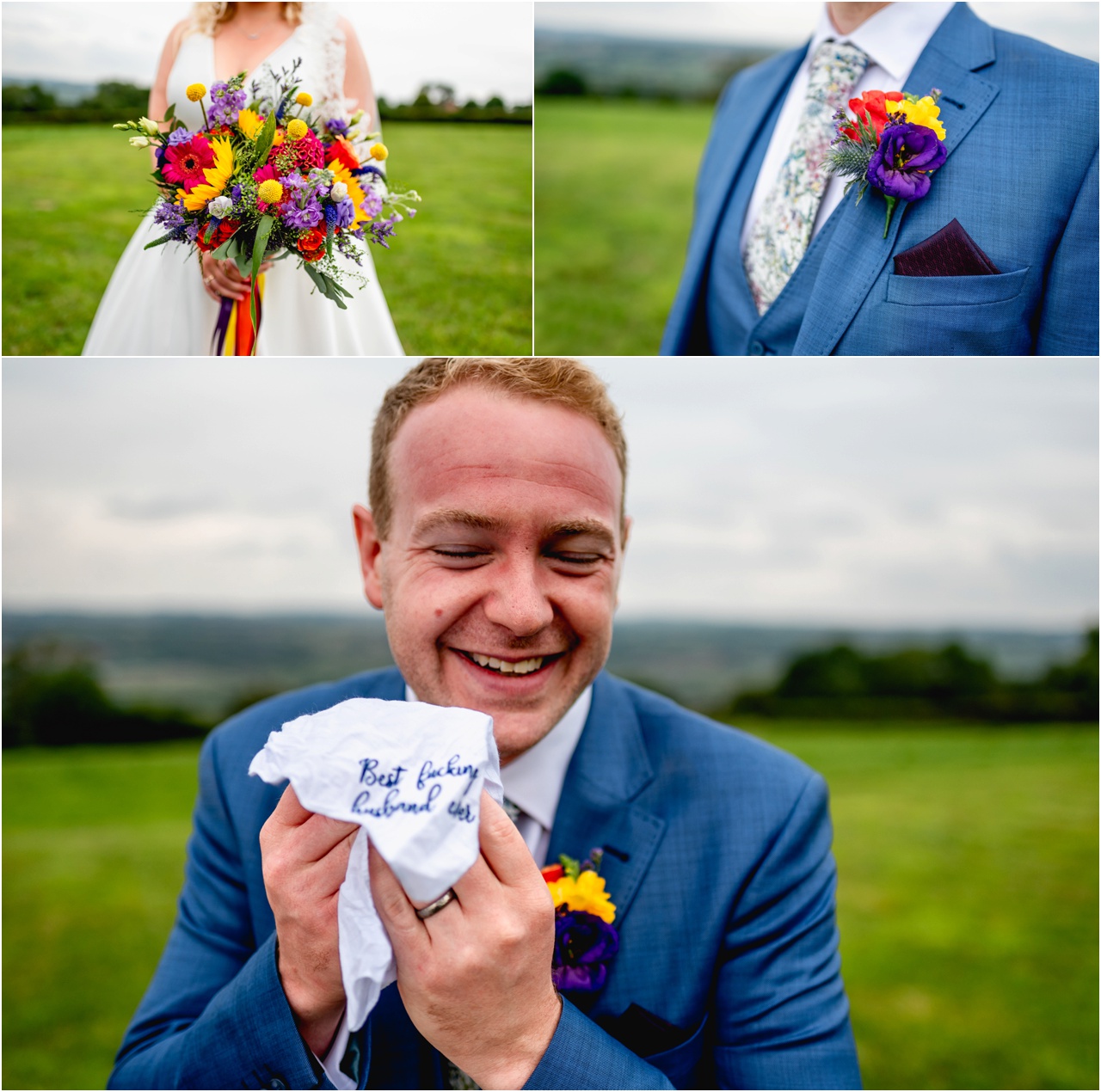 Bride and groom colourful details - groom holds hanky