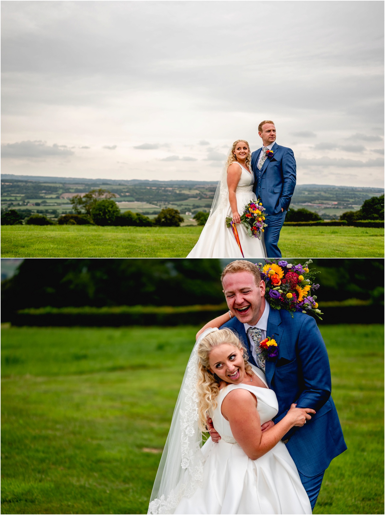 Bride and groom portraits,, couple laugh for the camera
