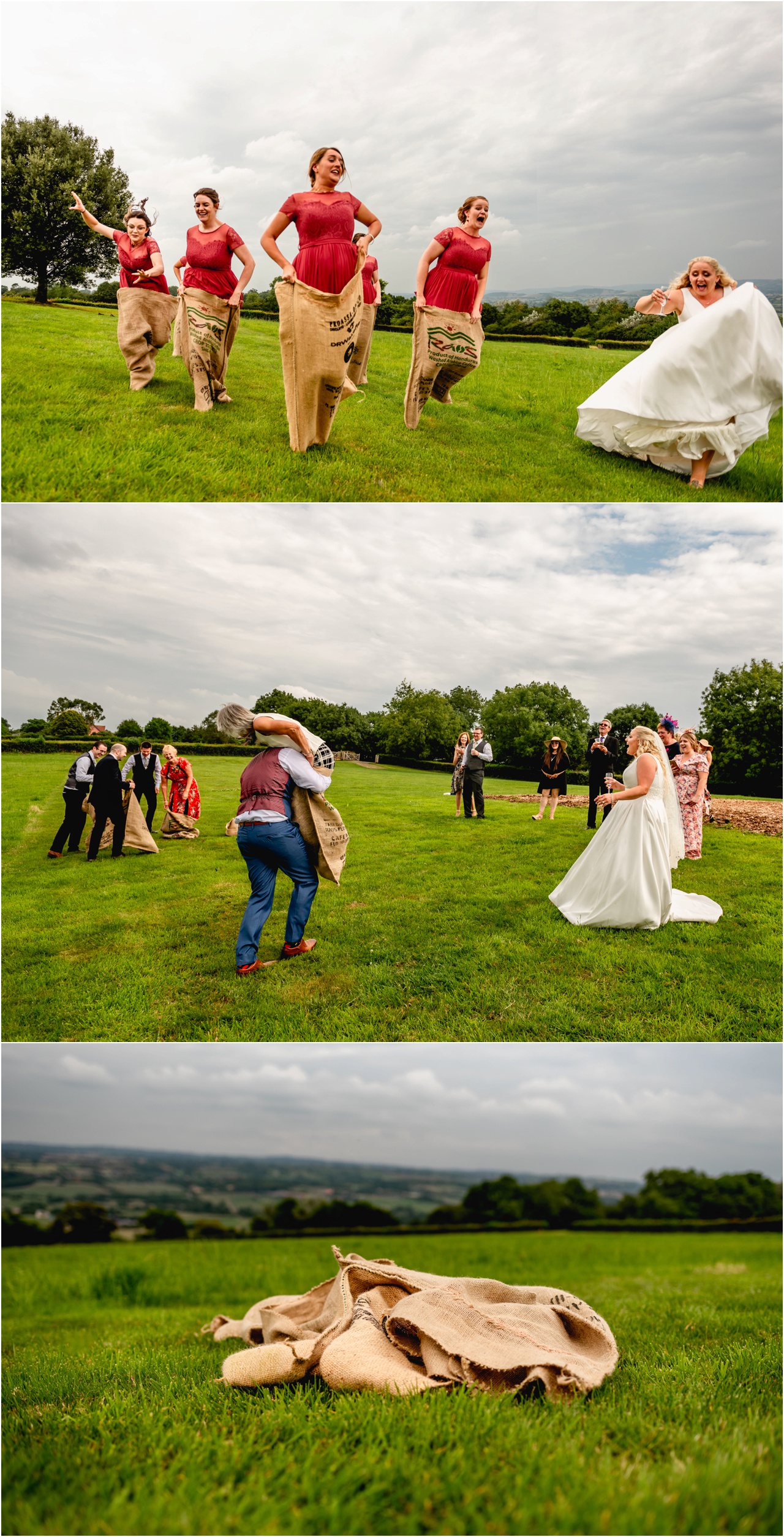 Sack race at a wedding with bridesmaids falling over as bride runs alongside golding a glass of champagne