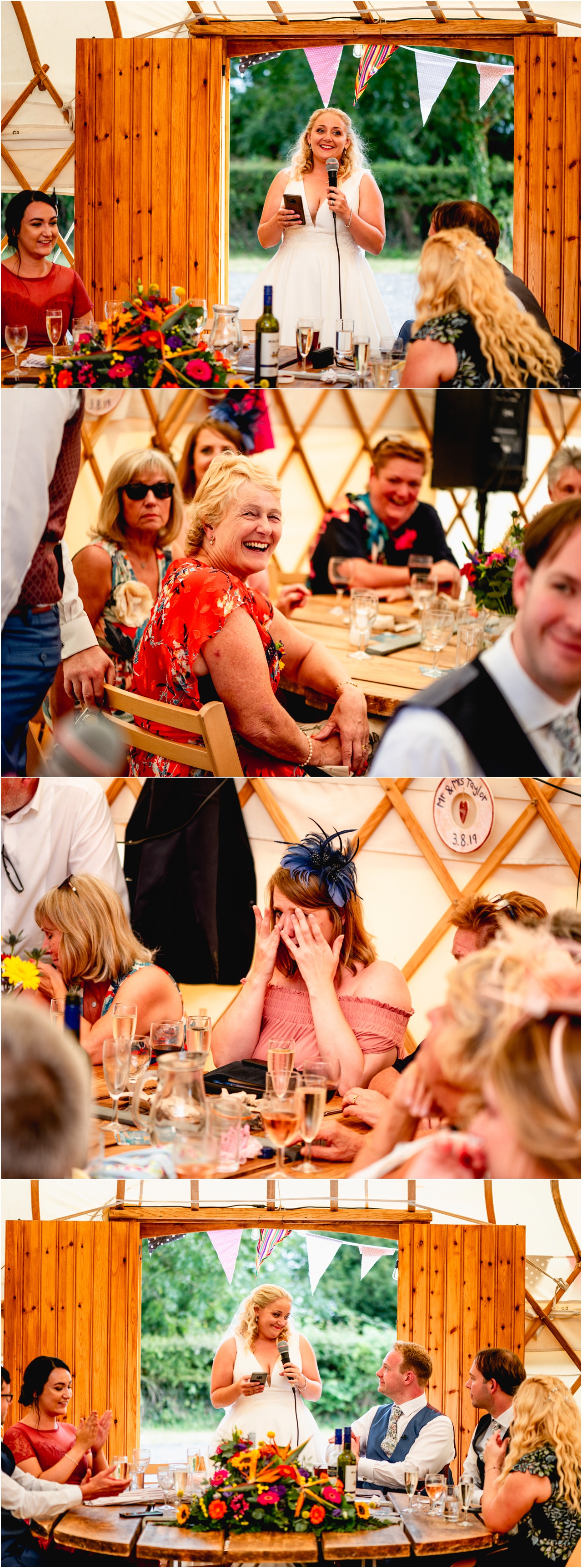 Wedding speeches inside a bell tent at a wedding in Glastonbury