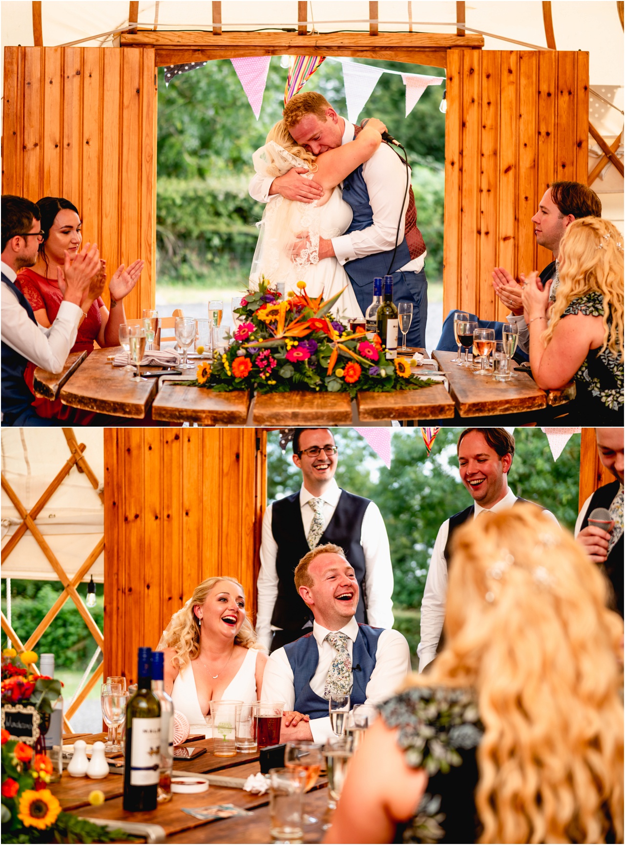 Couple laugh at the wedding speeches in a bell tent in Glastonbury
