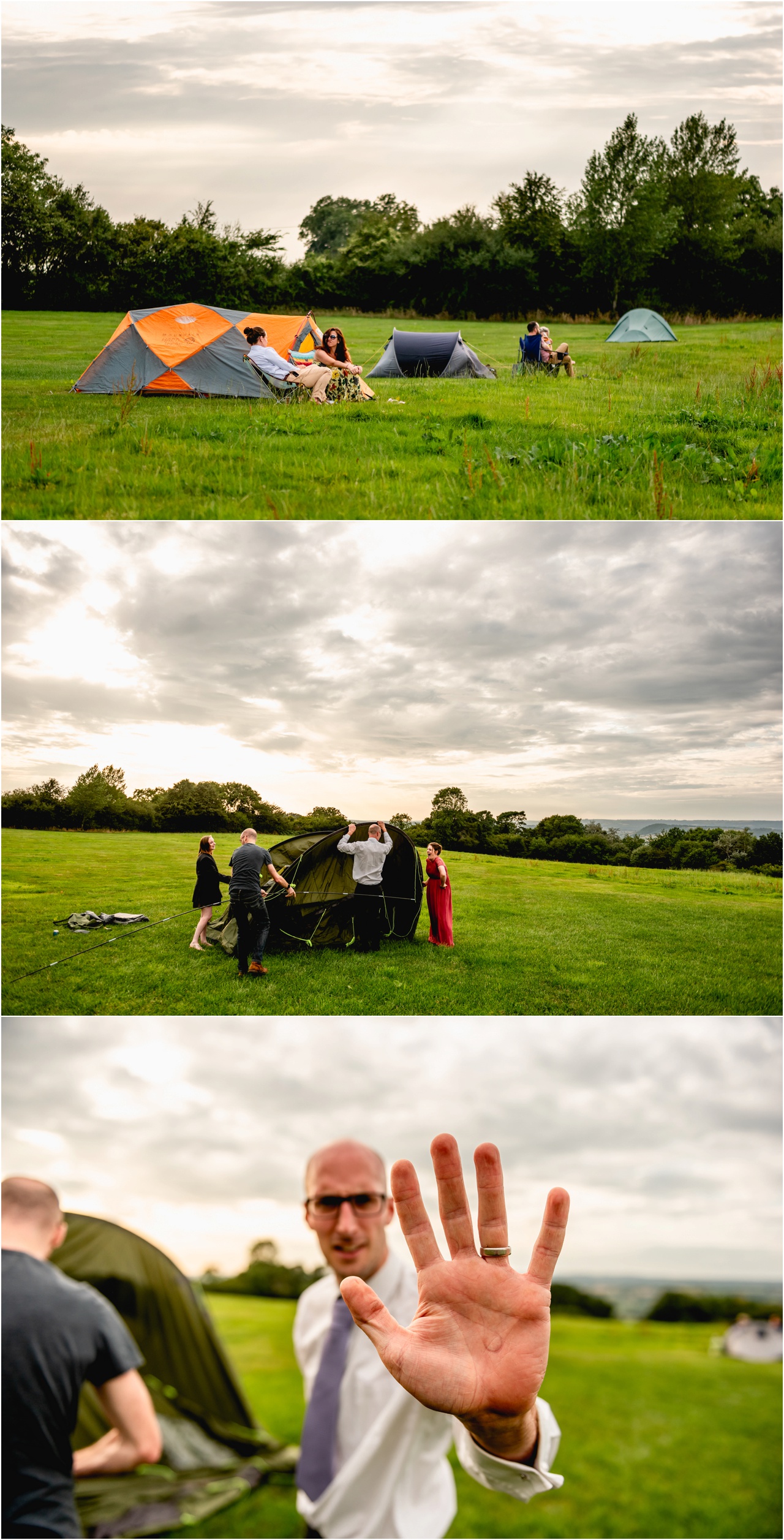 Candid guest photos at a wedding where people are clamping and camping in a field