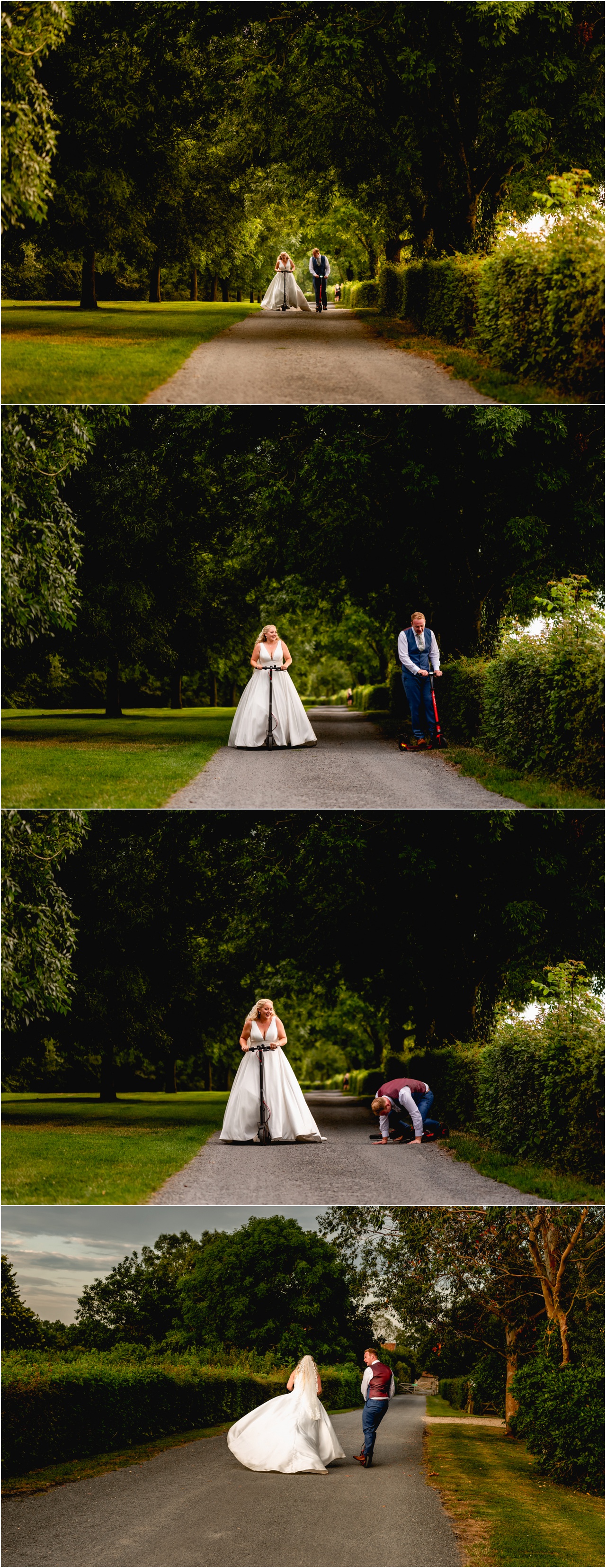 Bride and groom ride electric scooters as groom falls off on a pathway at their Somerset wedding