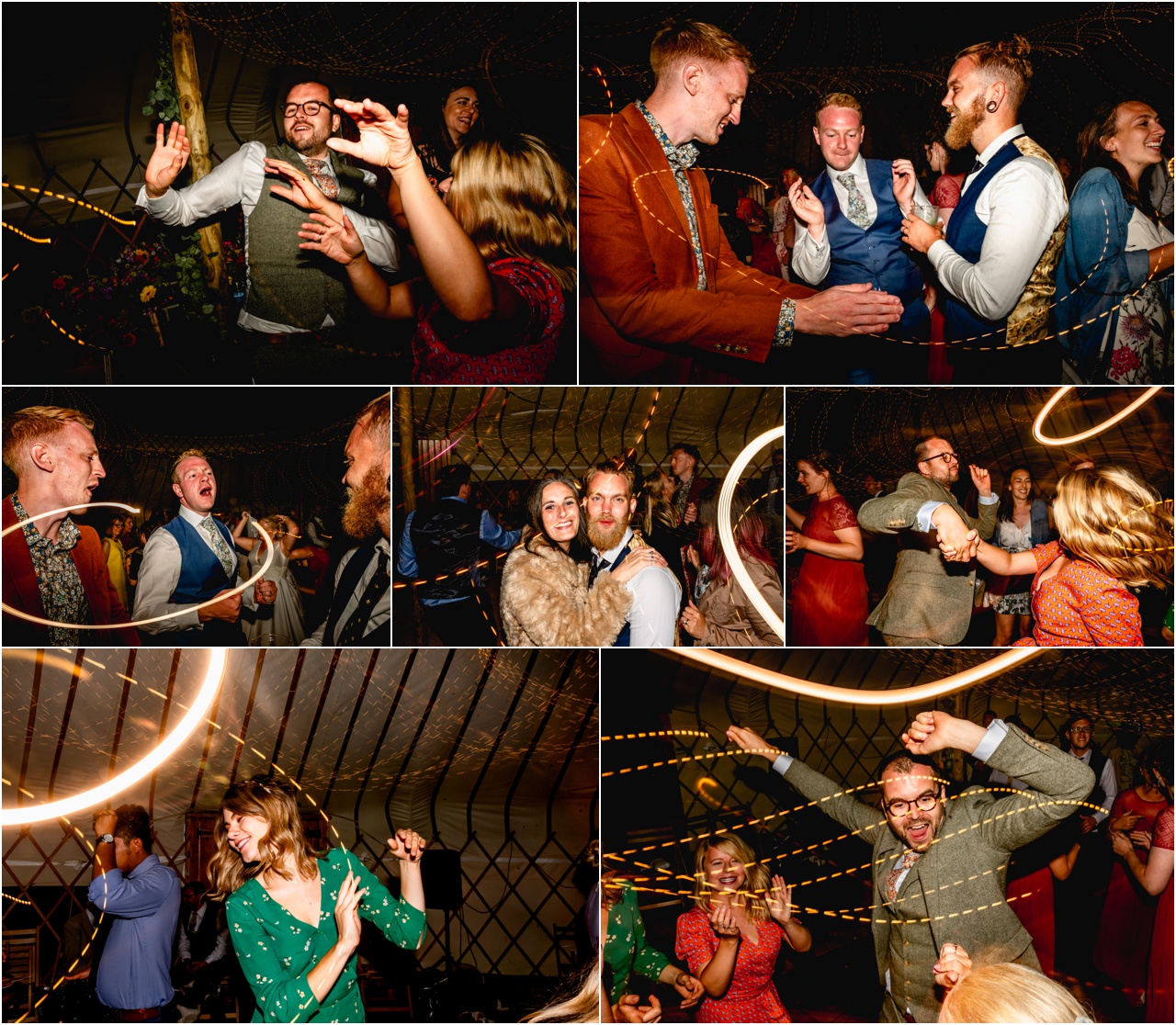 Guests dancing at a wedding, compilation of candid photos from the dance floor