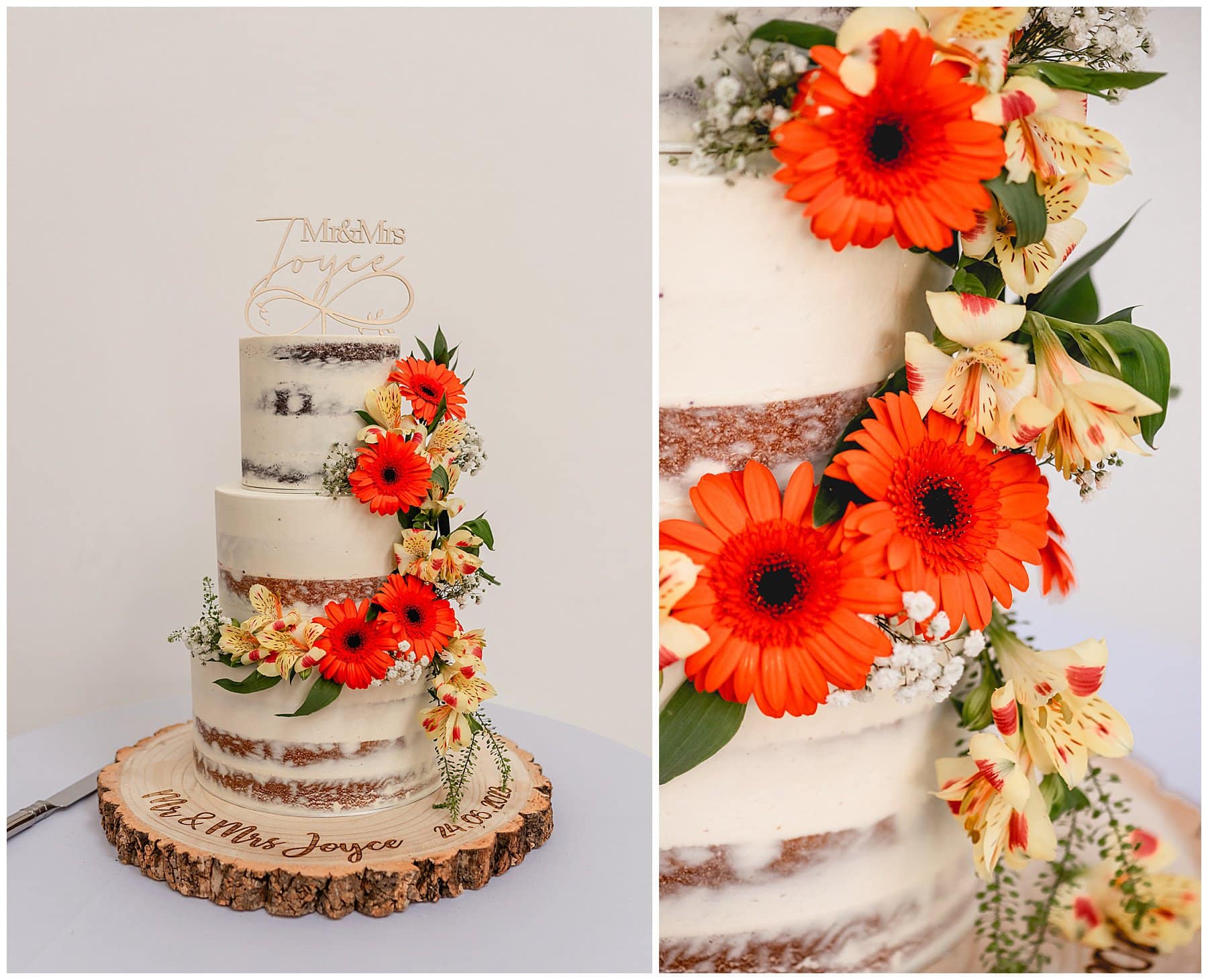 Three tier naked cake adorned with orange flowers at a wedding