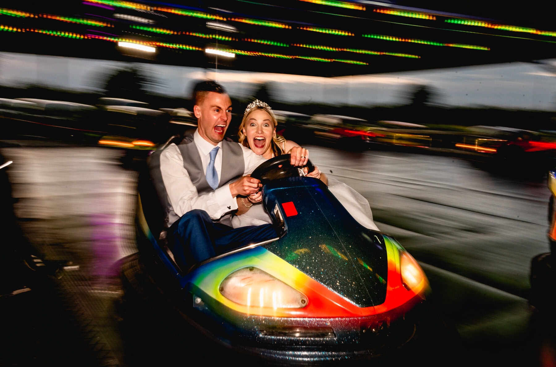 dodgem cars at a wedding at Mythe Barn wedding venue