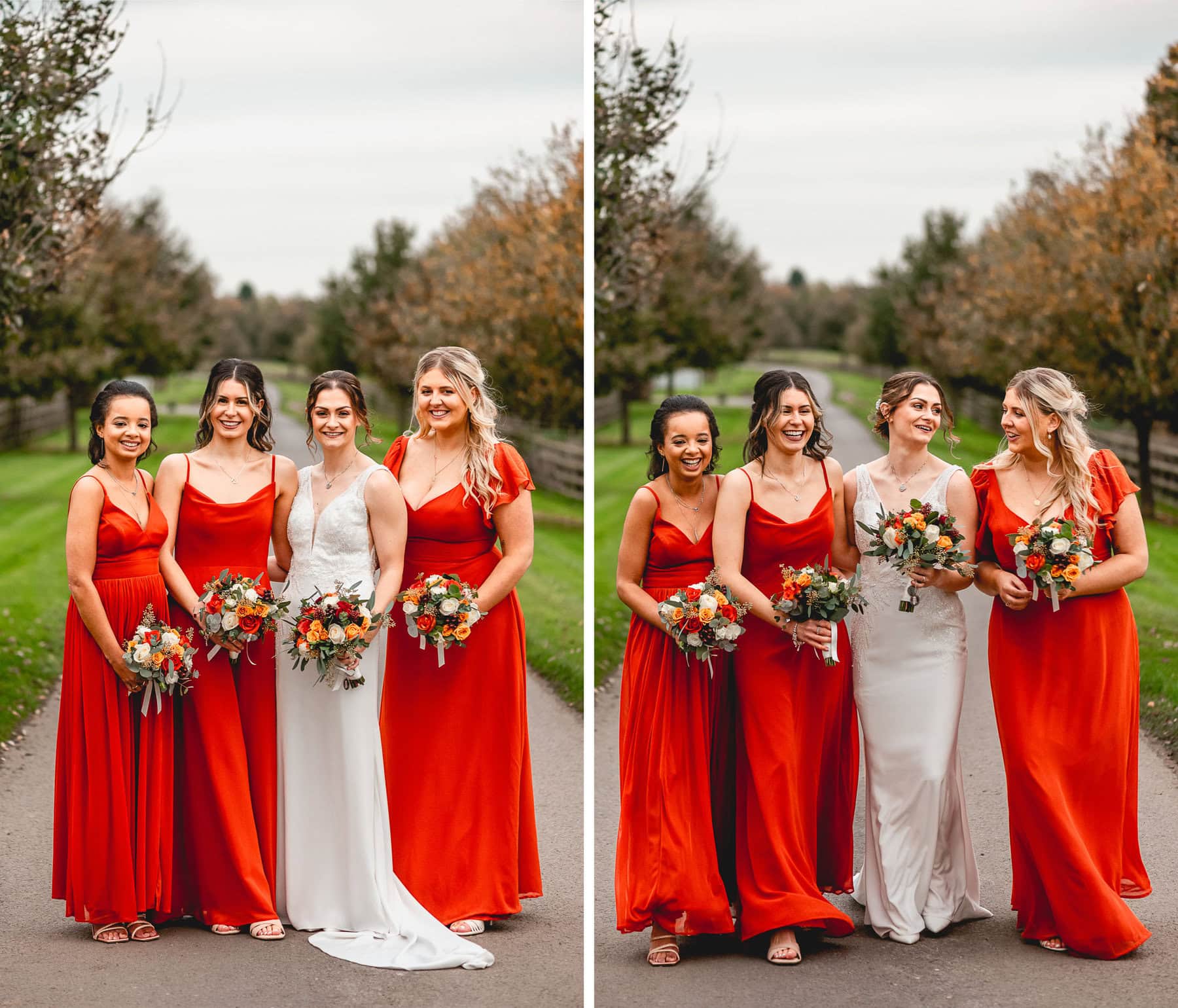 three bridesmaids and bride walk down driveway of wedding venue 