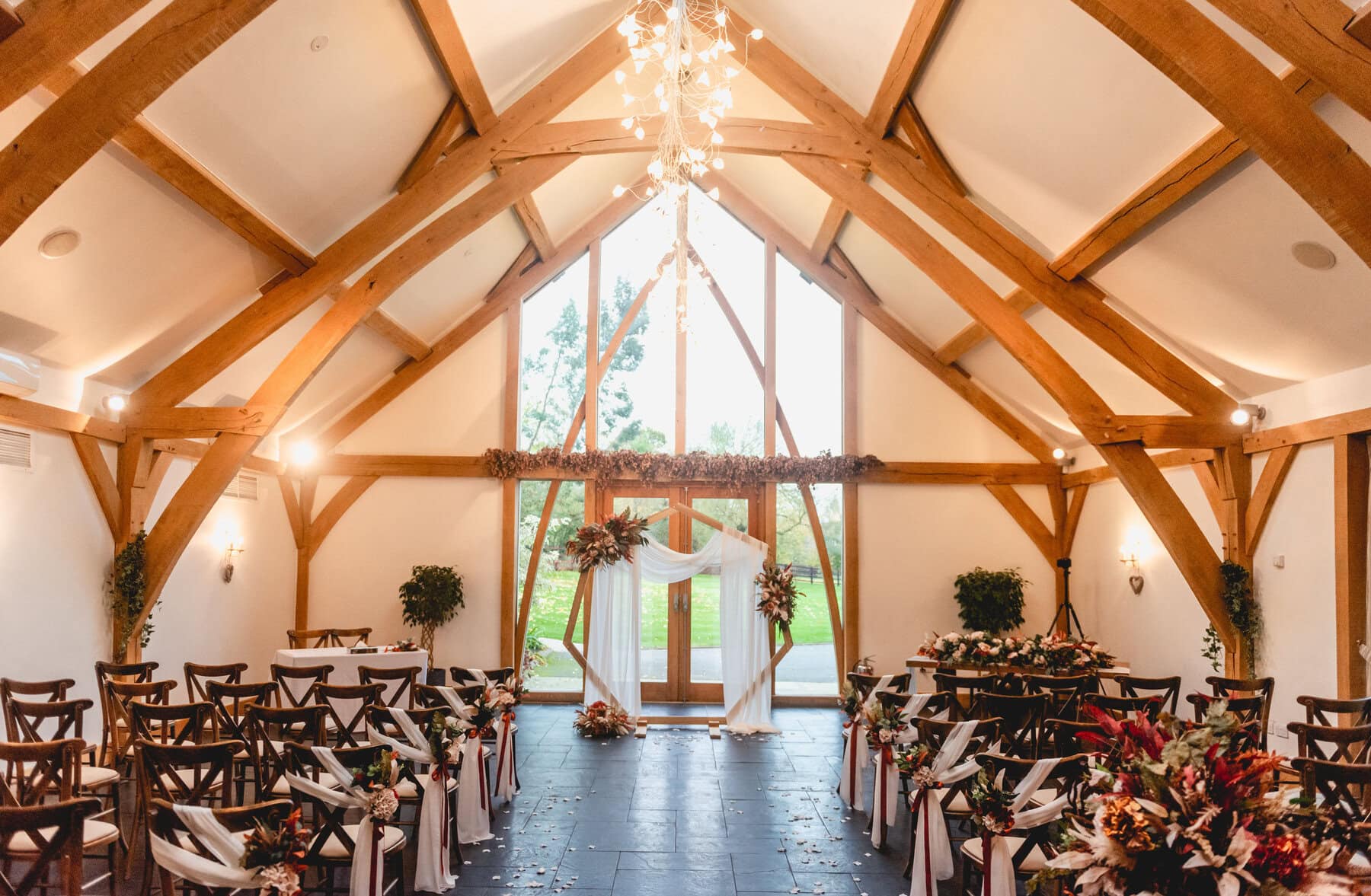 Mythe Barn Wedding venue ceremony room dressed for wedding