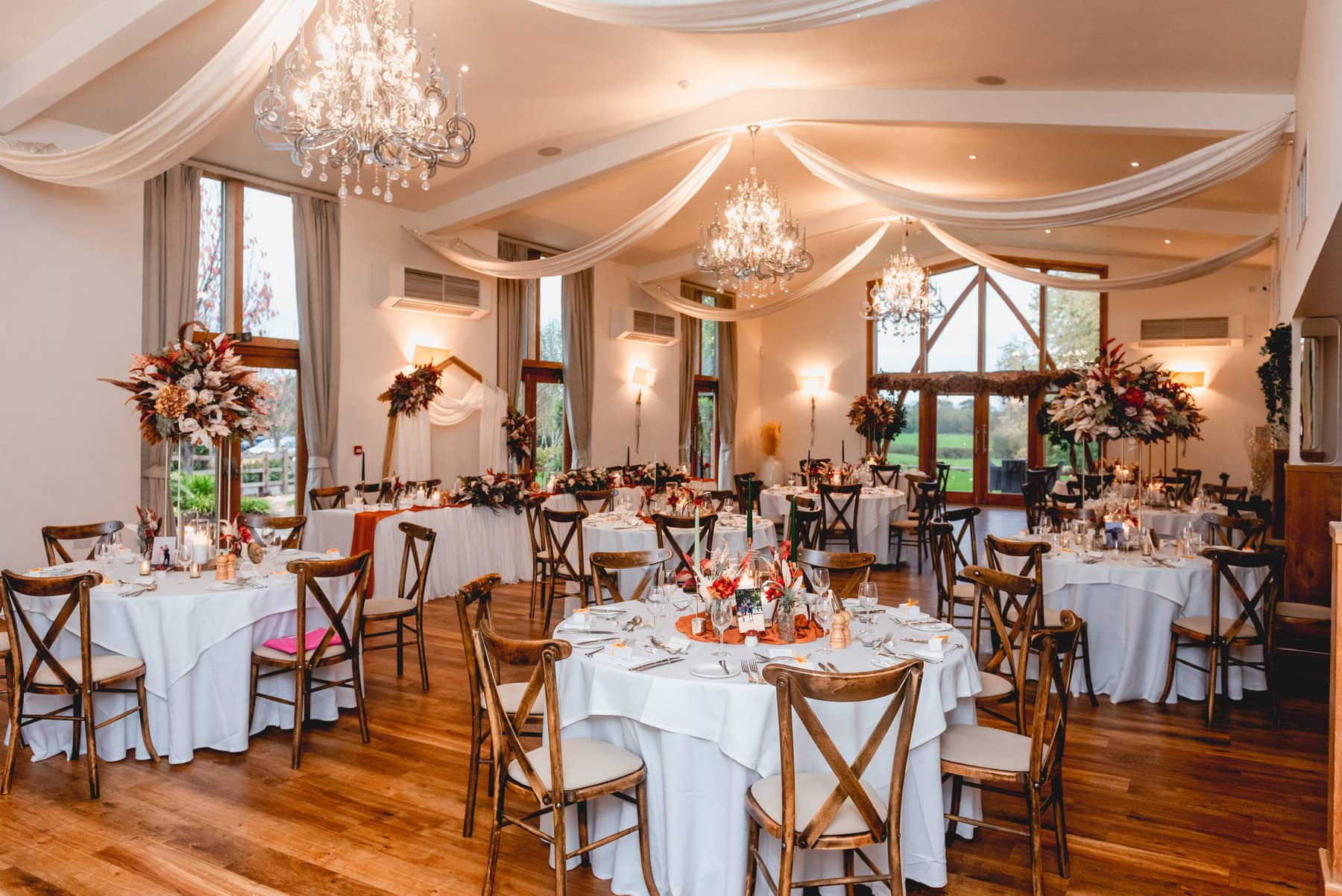 Mythe Barn wedding breakfast rom dressed ready for food