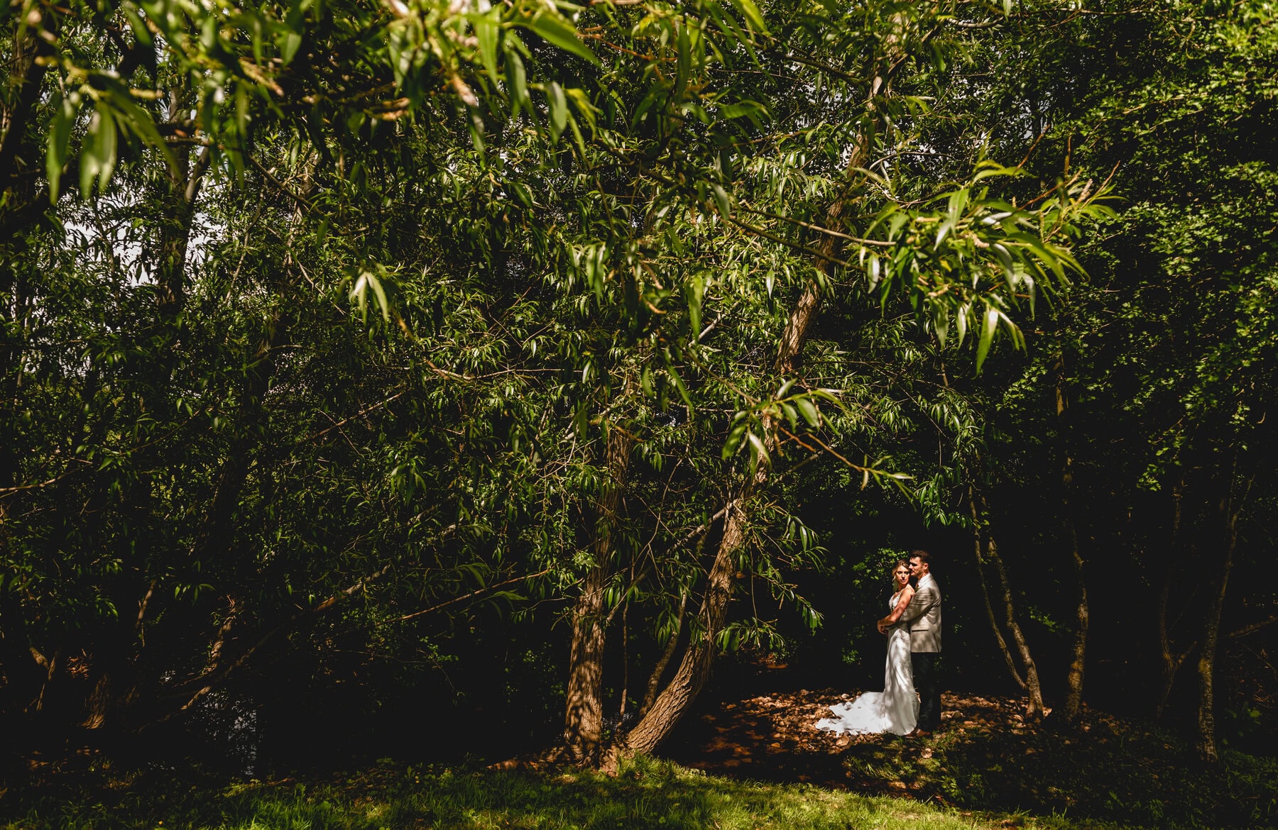 Bride and groom shelter from the springtime sun under a canopy of trees