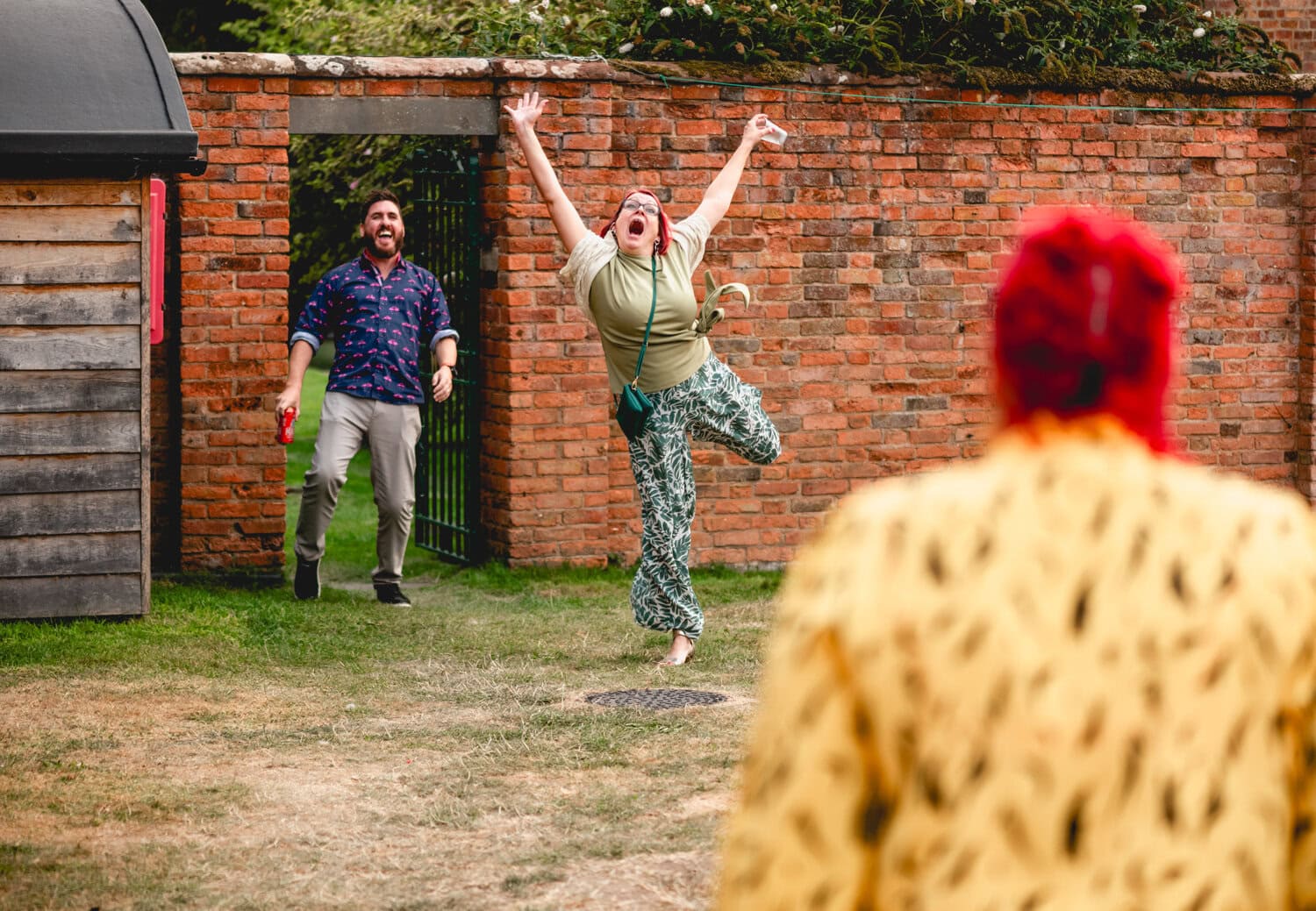 Wedding guest jumps in the air